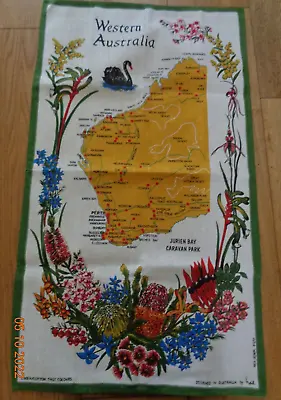 £4.75 • Buy Vintage Western Australia Map And Flora Of The Region - Linen/Cotton Tea Towel