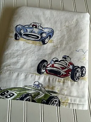 Pottery Barn Kids Flat Sheet Vintage Race Cars Speed Cotton Twin Bed • $19