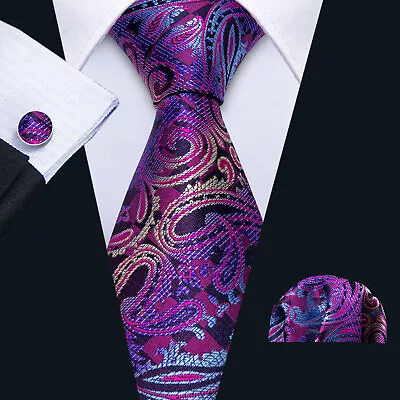 Mens Silk Tie Set Corsage Red Blue Floral Necktie Hanky Cufflinks Wedding US • $12.99