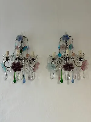 Italian Multi Color Murano Glass Flowers 3 Tiers With Spear Sconces Crystal 1930 • $3299