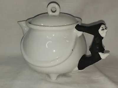 Vintage 1980 Enesco Teapot:  Witch On Broom With Cauldron - Halloween Tea Pot  • $33.25