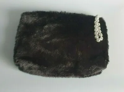 ZARA Black Fur Clutch Rhinestone Wrist Strap Large Bag Handbag Purse Zip • £24.90