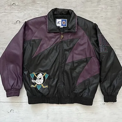 RARE Vintage 90s Logo Athletic NHL Mighty Ducks Shark Tooth Leather Jacket Sz XL • $525