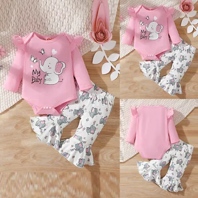 Newborn Baby Girls Elephant Print Romper Tops Flare Pants Outfit Set Clothes UK • £6.16