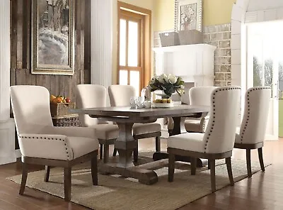 Traditional 7 Piece Dining Room Set - Brown Table & Beige Chairs Furniture ICAT • $2287.91