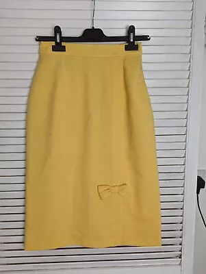 Vintage 80s Canda Yellow Pencil Skirt Bow Zip Back Sz 10 Waist 26  Length 27  • £19.99