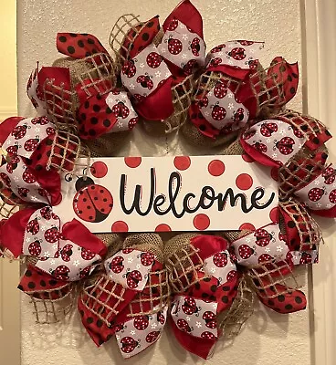 FARMHOUSE LADY BUG 🐞 Year Round WELCOME Wreath BURLAP Deco Mesh 22  X 22   • $64.95