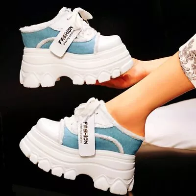 $97.99 • Buy Mules Women Genuine Leather Canvas Fashion Sneaker Platform Wedge High Heel Pump
