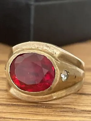 Vintage Mens Signet Ring Gold W Red Glass Stone Sz 10 Marked CU • $103.59