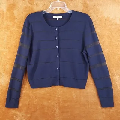 MILLY Womens Sweater Large Navy Cardigan Button Up Sheer Stripe Viscose Knit • $38.88