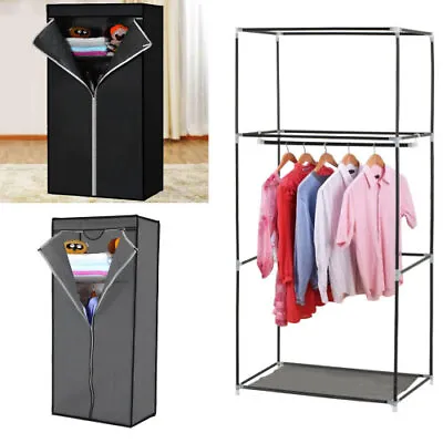Fabric Canvas Wardrobe With Hanging Rail Shelving Clothes Storage Cupboard Cover • £13.99