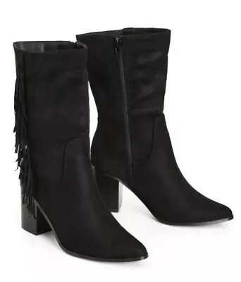 City Chic Black Wide Fit Mid Tassled Suede Look Boots Size 12w Eur 43.  • $45