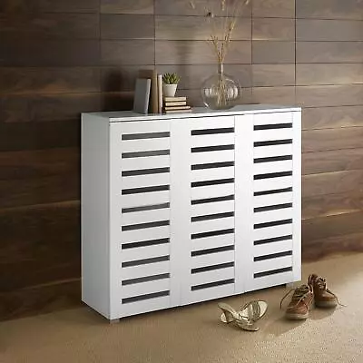 Oslo 3 Door White Wooden Shoe Storage Cabinet Rack Stand Cupboard Slatted Doors • £119.99