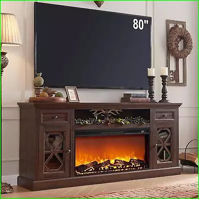 Fireplace 70  TV Stand With 36  Electric Fireplace Drawer Diamond Panel Door • $654.88