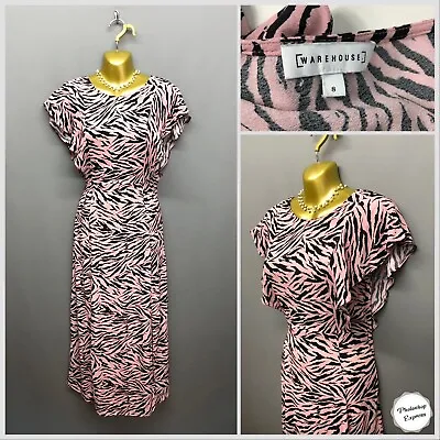 Warehouse Pink Mix Animal Print Retro Tea Dress UK 8 EUR 36 Flutter Sleeve Slits • £8.95