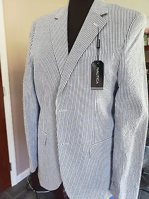 Nautica Men's Blue & White Seersucker Pinstripe Size 38R Blazer Two Button Style • $50