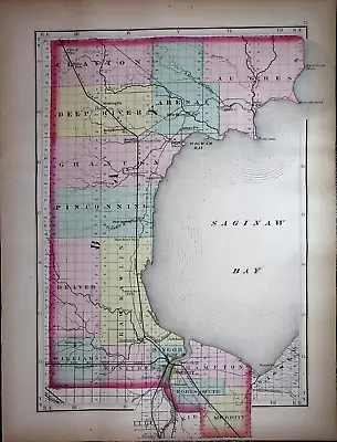 1873 Plat Map SAGINAW BAY PINE RIVER BAY Co MICHIGAN / MIDLAND Co. On Reverse • $45.95