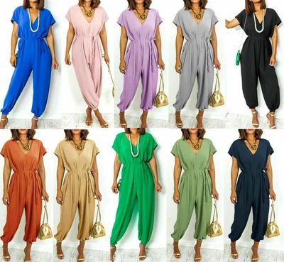 £16.79 • Buy Womens V Neck Tie Belted Waist Harem Wide Leg Jumpsuit Ladies Summer Playsuit