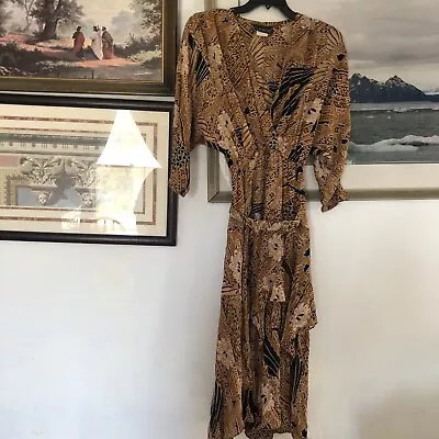 Phoebe Brown Black Print Faux Wrap Dress Belt Vtg Sz 9/10 A2954 • $20