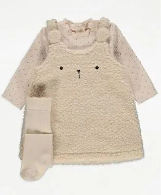 £7.95 • Buy Baby Girls George Dress Set Outfit Fuzzy Teddy Bear Pinafore Tights 3 Piece NEW