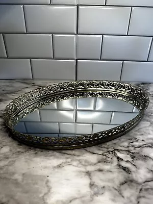 Vintage Vanity Mirror Dresser Tray Perfume Make Up Gold Oval Metal Filigree 13.5 • $19