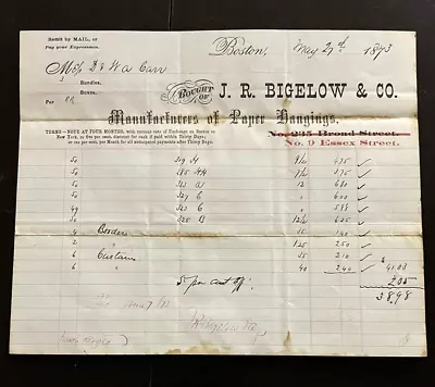 ATQ 1873 J.R. Bigelow & Co Billhead Manufacturers Of Paper Hangings Boston MA • $8.79