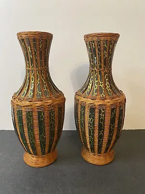 Pair Vintage Wicker Rattan Vase Boho MCM Candlestick Woven Gold Accent 6.3” • $22