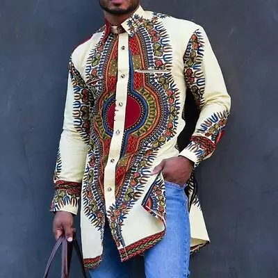 Mens Long Sleeve Longline African Dashiki Dress Shirt Ethnic Totem Print Tops • $28.90