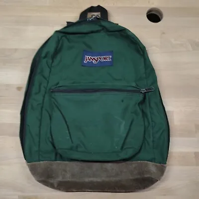 Vintage Jansport Green Backpack Brown Suede Leather Bottom School Travel • $29.99