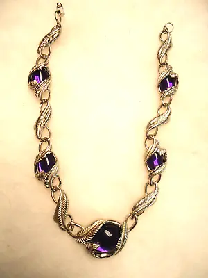 Trifari Signed Vtg Purple Jelly Belly Rhinestone Cabochon Necklace • $20