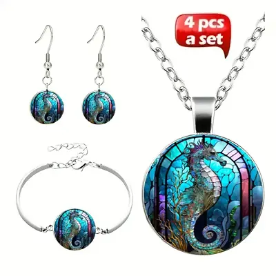 4 Pcs Set Vintage Seahorse Glass Pendant Necklace Bracelet Earrings Jewelry Gift • $15.98