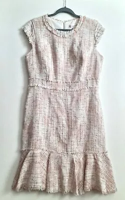 Nanette Lepore Dress Pink-A-Chu Size 12 Tweed Fringe Frayed-Edge Flounce • $27.99