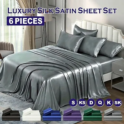 $29.99 • Buy 2000TC 6 Pieces Silk Satin Flat Fitted Sheet Bed Set Single Double Queen King SK