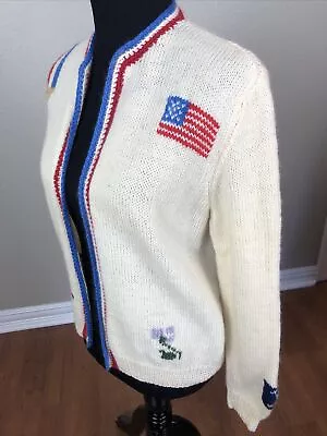 VTG Size S Hand Knit Wool Cardigan Sweater USA Patriotic GOP Elephant Ivory RARE • $65