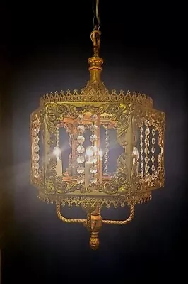 Vintage Gold Gilt Italian Hexagonal Filigree 4L Chandelier Pendant Light Swag • $275