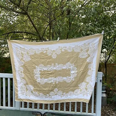 Vintage Tablecloth Cotton Sateen Damask Gold White Floral Geometric Rectangle • $29.99