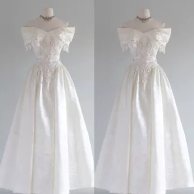 Elegant Satin Wedding Dresses Vintage Off The Shoulder Ivory Satin Bridal Gowns • $140.03