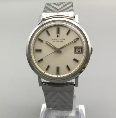 Vtg Hamilton Intra Matic Automatic Watch Men 35mm Silver Tone Date Stretch Band • $249.99