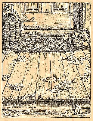 FALL LEAVES WELCOME MAT Wood Mounted Rubber Stamp IMPRESSION OBSESSION H1837 NEW • $21.16