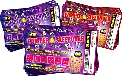 PAMPER SLEEPOVER Ticket Style Birthday Party Invitations X4 Pink Blue Or Purple • £2.85