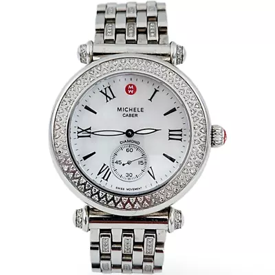 Ladies Michele Caber 37mm Steel Watch With Mother Of Pearl Dial & Diamond Bezel. • $995