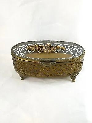Vintage Matson Gold Plated Oval Rose Detailed Jewelry Box Yellow Velvet Interior • $150