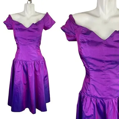 Vtg 90s Party Prom Dress Purple Blue Colorshift Taffeta Off Shoulder Size S/M • $89.99