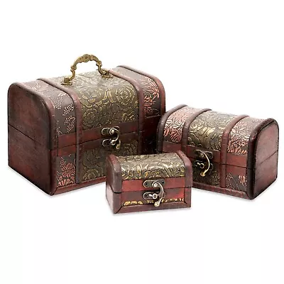 Set Of 3 Small Wooden Treasure Chest Boxes With Flower Motif For Keepsakes • $24.89