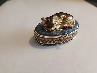 Vintage MONET Sleeping Cat HINGED Magnet Enamel Pill / Jewelry Trinket Box • $7