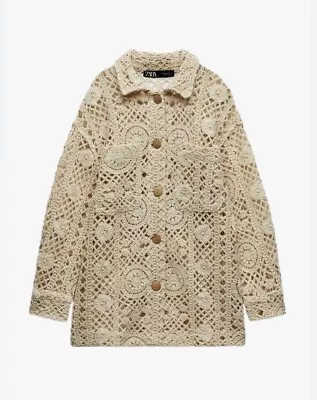 Rare Stunning ZARA KNIT Oatmeal Crochet Macrame Cardigan Jacket - Size Medium • £49.99