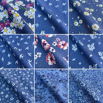 Printed Denim Chambray 100% Cotton Fabric Dressmaking Material Floral Animals • £5.95