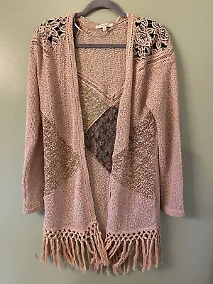 Miss Me Tan And Lace Long Sleeve Cardigan With Fringe Size Large • $18