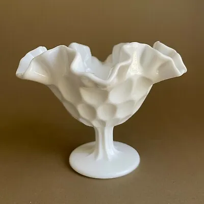 VINTAGE White Milk Glass Ruffled Fluted Edge Pedestal Bowl Candy Dish — 6.75  • $11.95