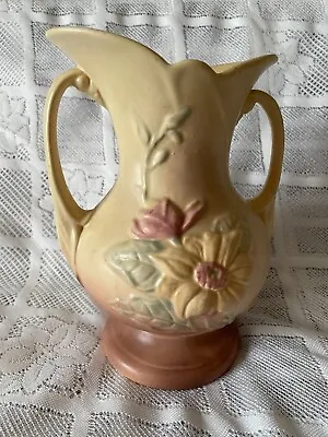 USA Hull Art Pottery Magnolia Yellow Pink Double Handle Vase 1940s VTG • £17.36